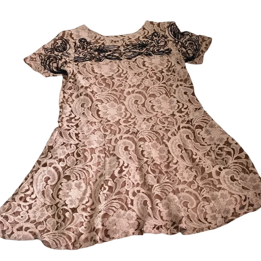 FREE PEOPLE Beautiful Dreamer Cream Floral Lace Black Boho Embroidered Dresss